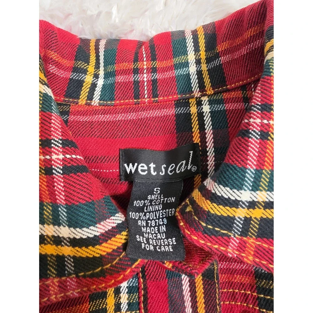 Wet Seal Red Plaid Cropped Belted Jacket  Cotton Tartan Button Up  Sz Junior S